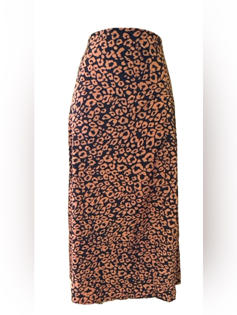 Leopard Animal Print High Rise Pencil Midi Skirt Slit Zip Black Pink M